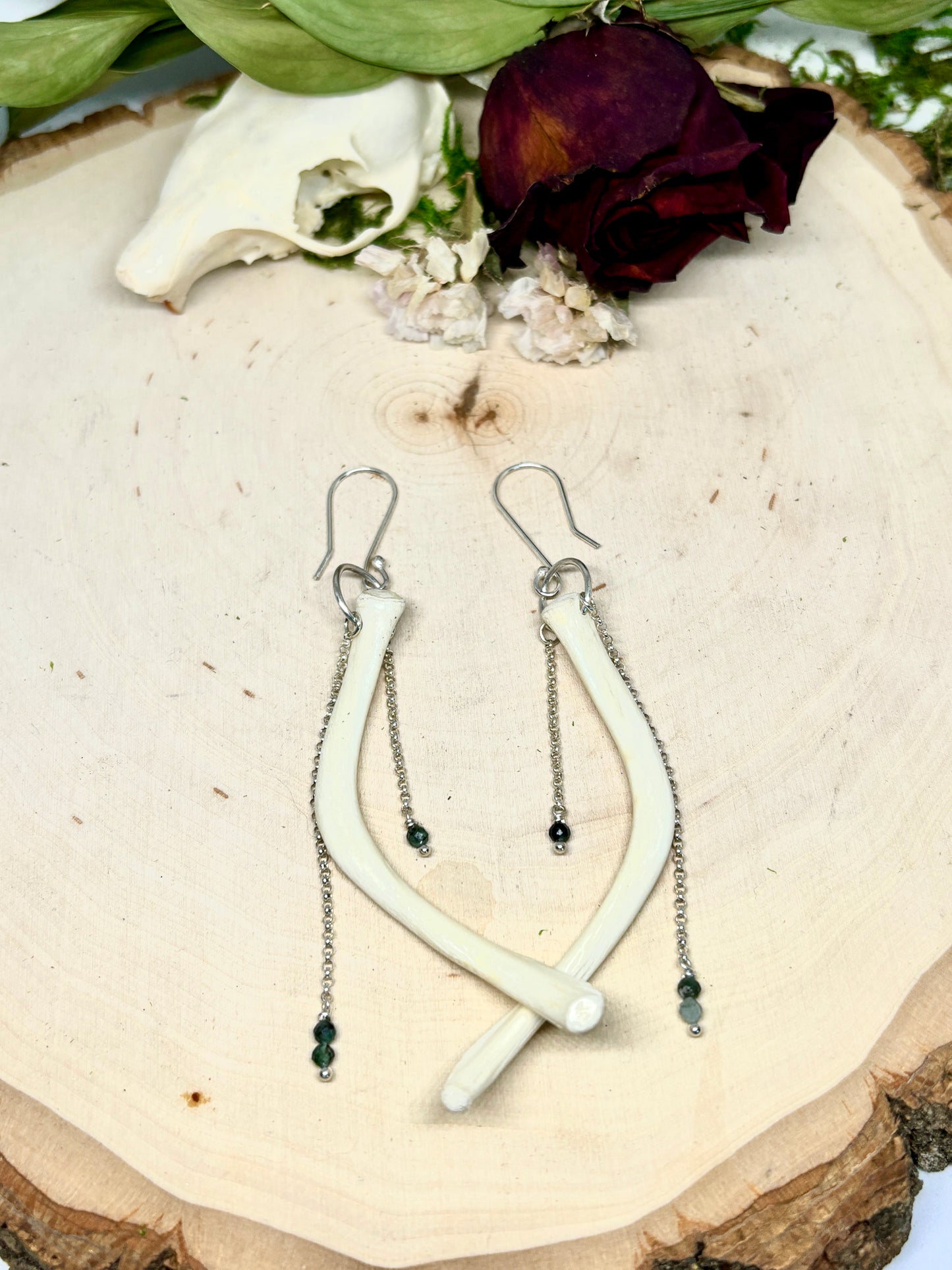 Moss Agate and Turtle Hyoid Earrings